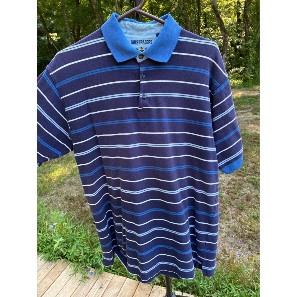 Vintage Gulf Traders Classic Polo Shirt Mens M Blue Striped 100% Cotton Golf Y2K - Picture 2 of 9